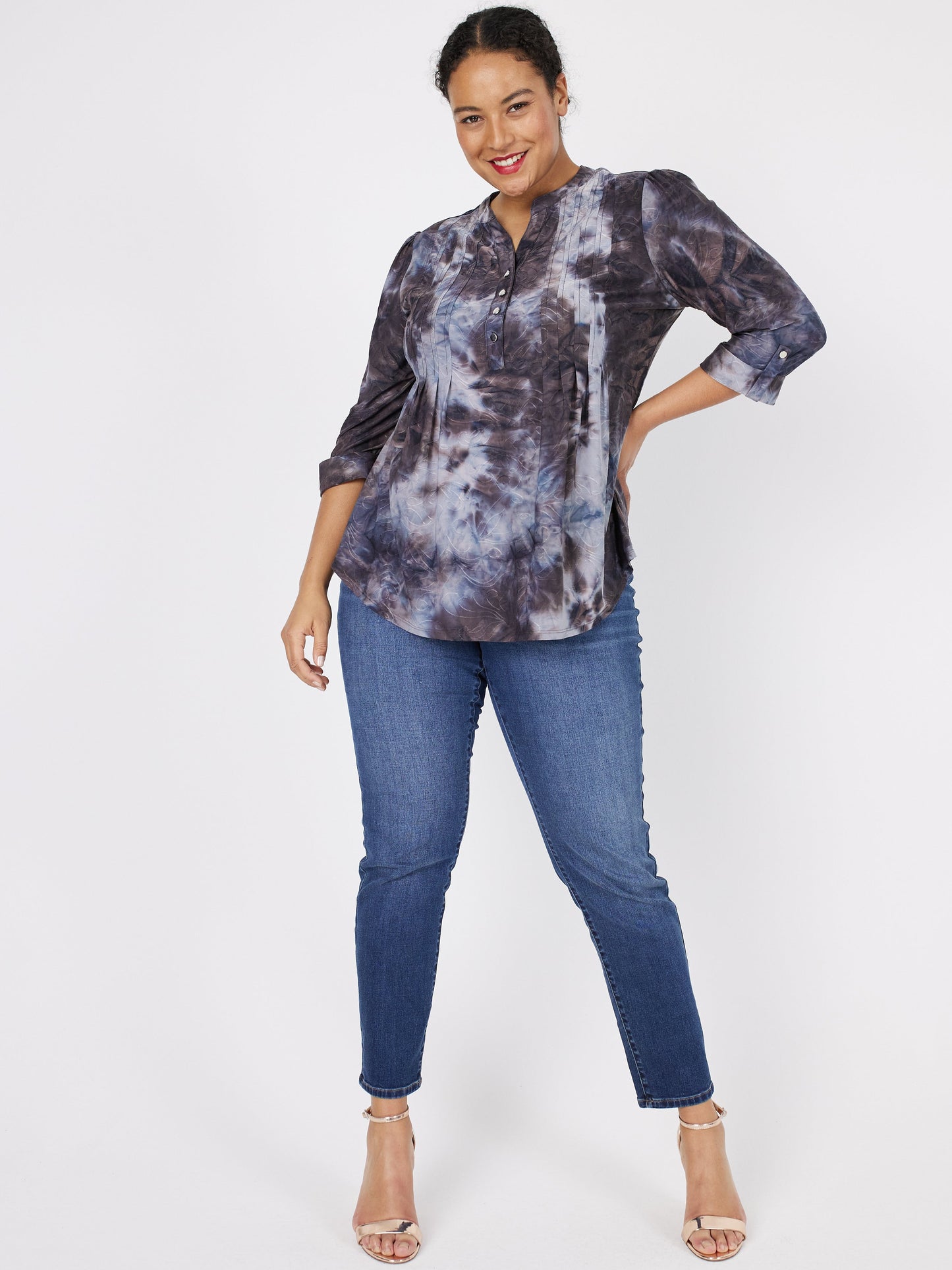 Roz & Ali Grey Jacquard Tie Dye Popover - Plus