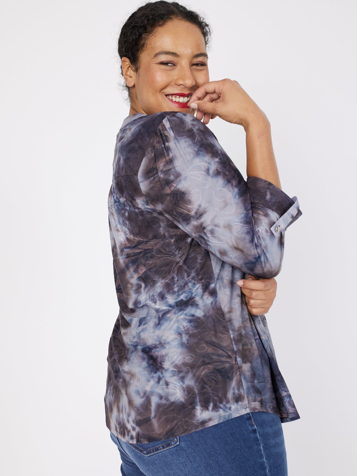 Roz & Ali Grey Jacquard Tie Dye Popover - Plus