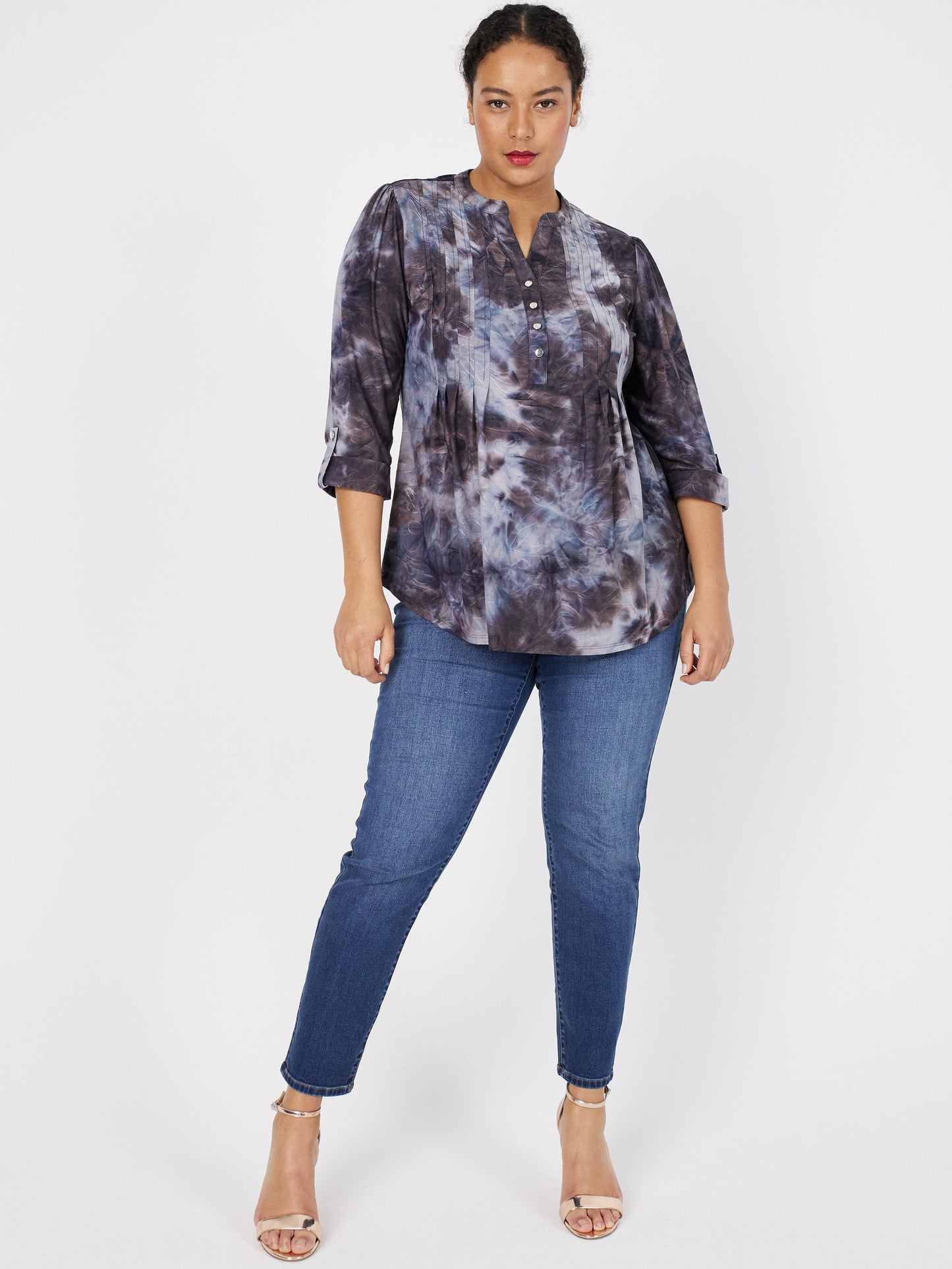 Roz & Ali Grey Jacquard Tie Dye Popover - Plus