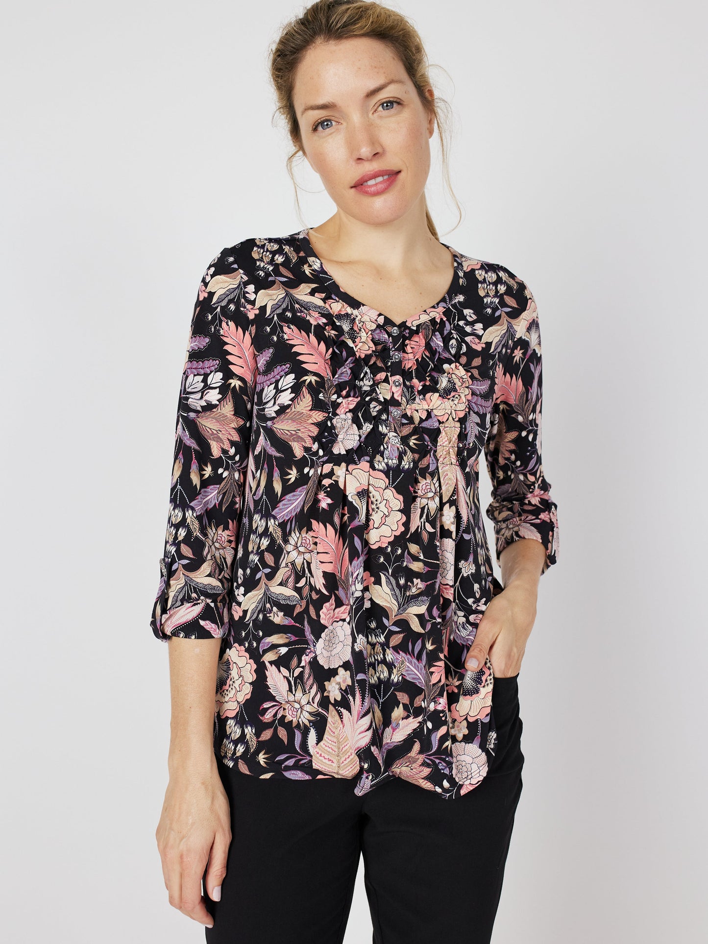 Roz & Ali Floral Diamond Stitch Pintuck Popover