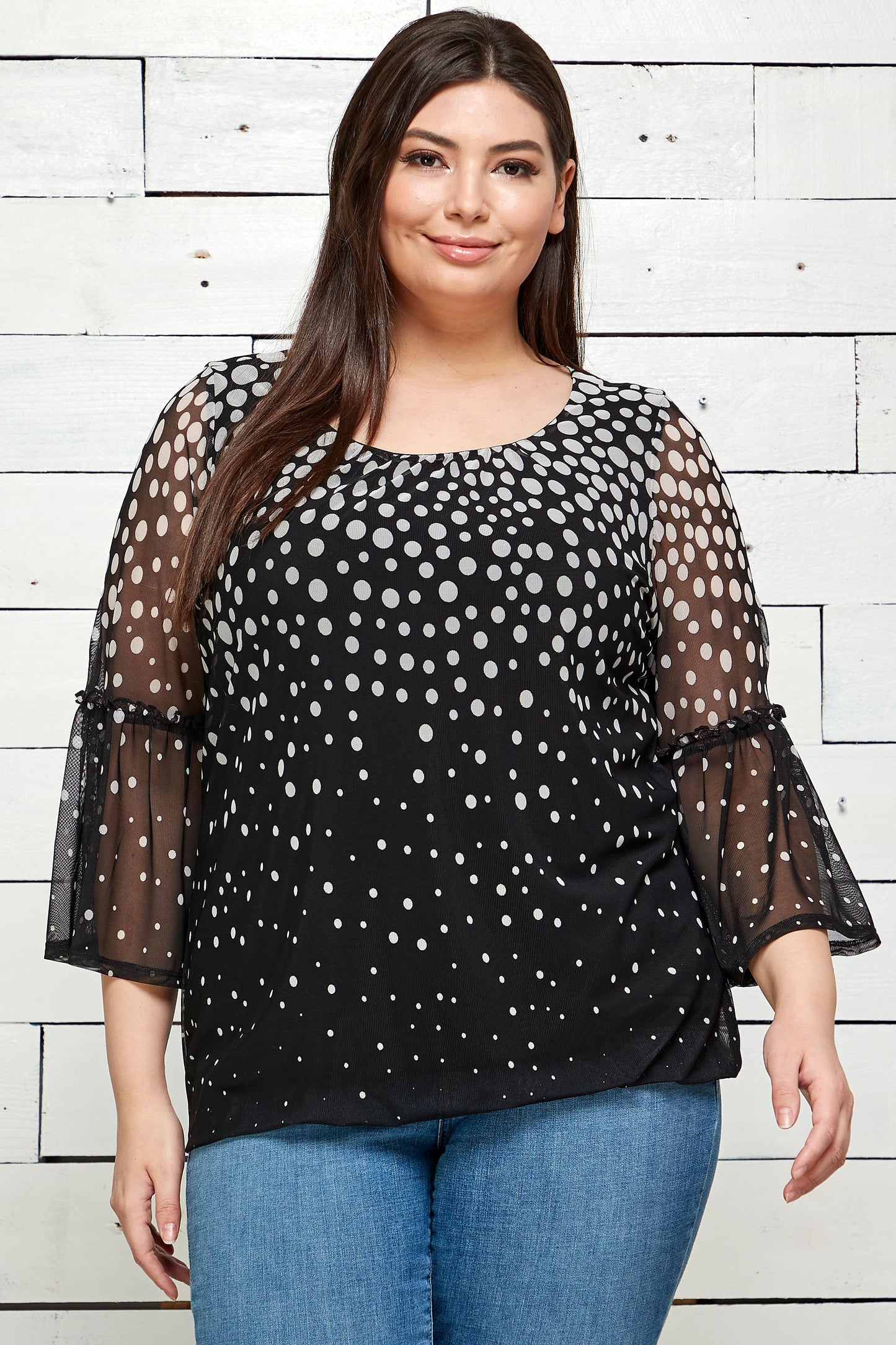 Roz & Ali Bell Sleeve Polka Dots Bubble Top - Plus