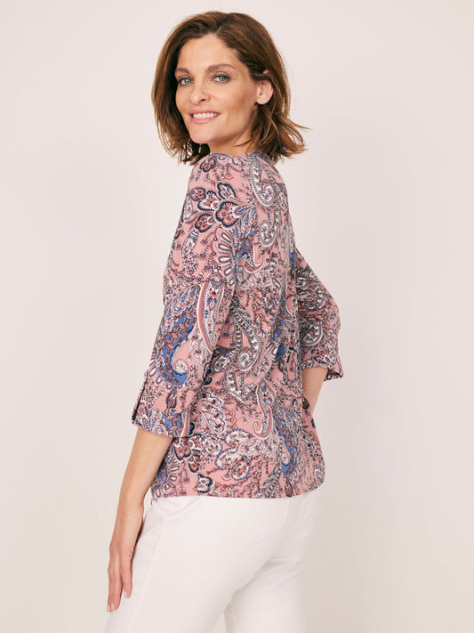 Roz & Ali V-Neck Diamond Stitch Paisley Popover