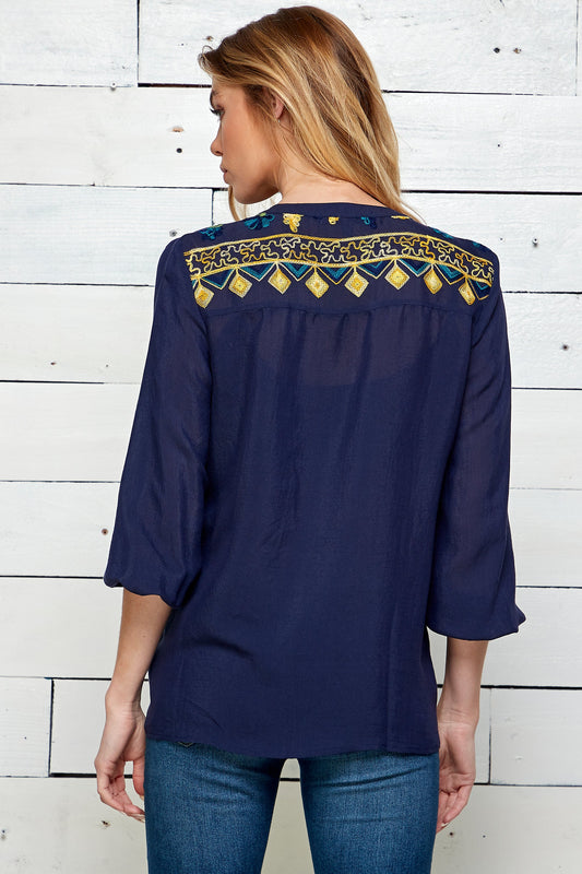 Figueroa & Flower Navy Embroidered Blouse