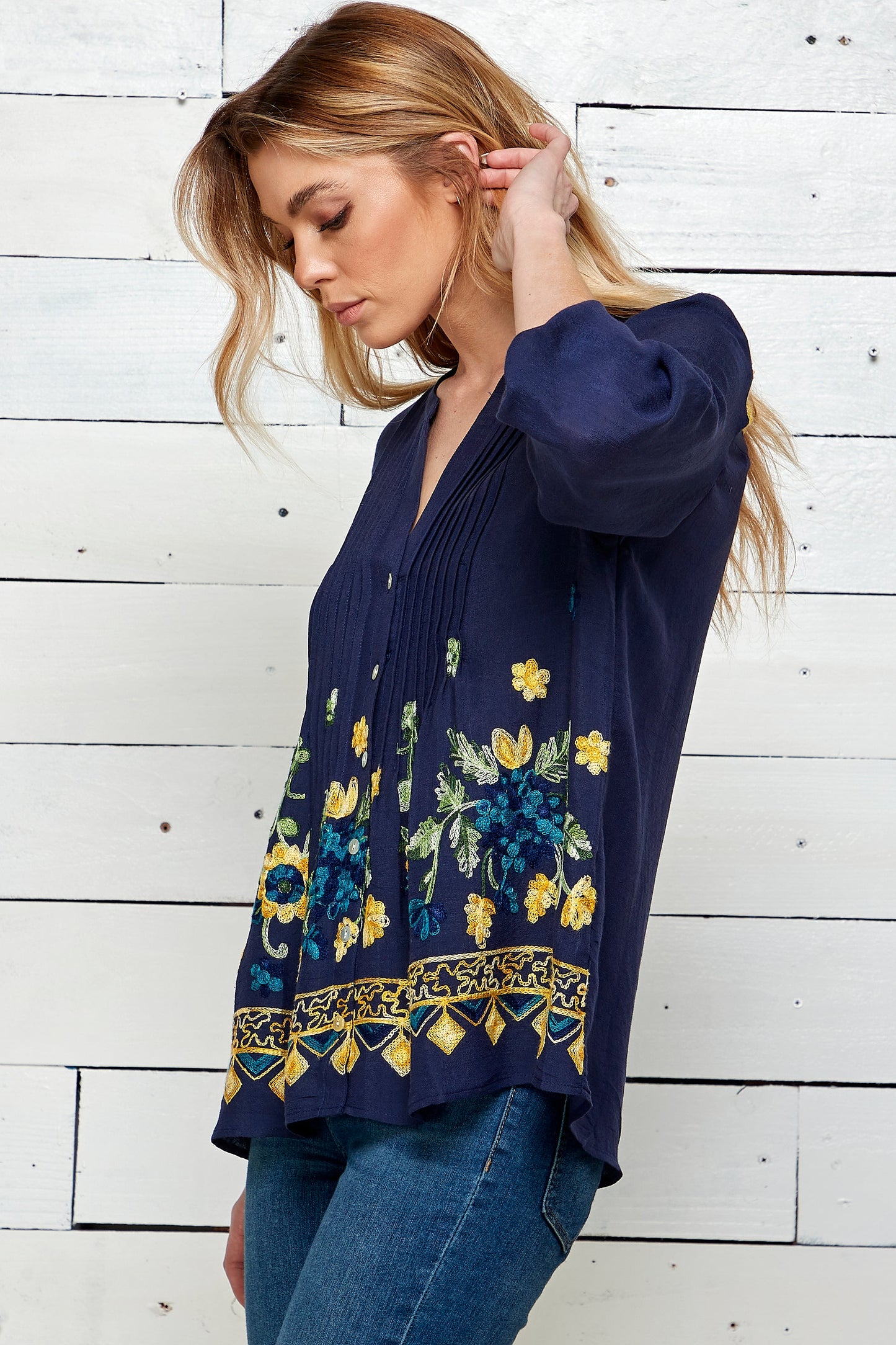 Figueroa & Flower Navy Embroidered Blouse