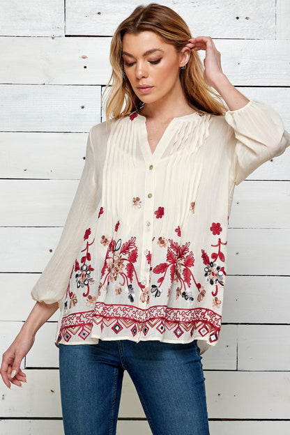 Figueroa & Flower 3/4 Sleeve Embroidered Blouse