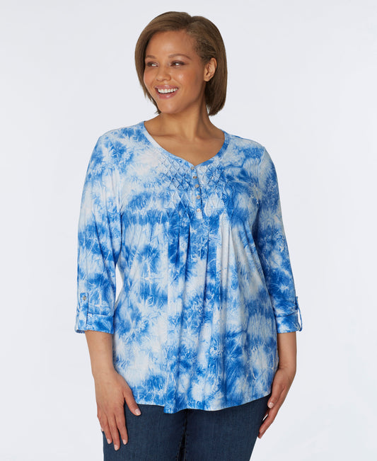 Roz & Ali V-Neck Jacquard Shadow Tie Dye Popover - Plus