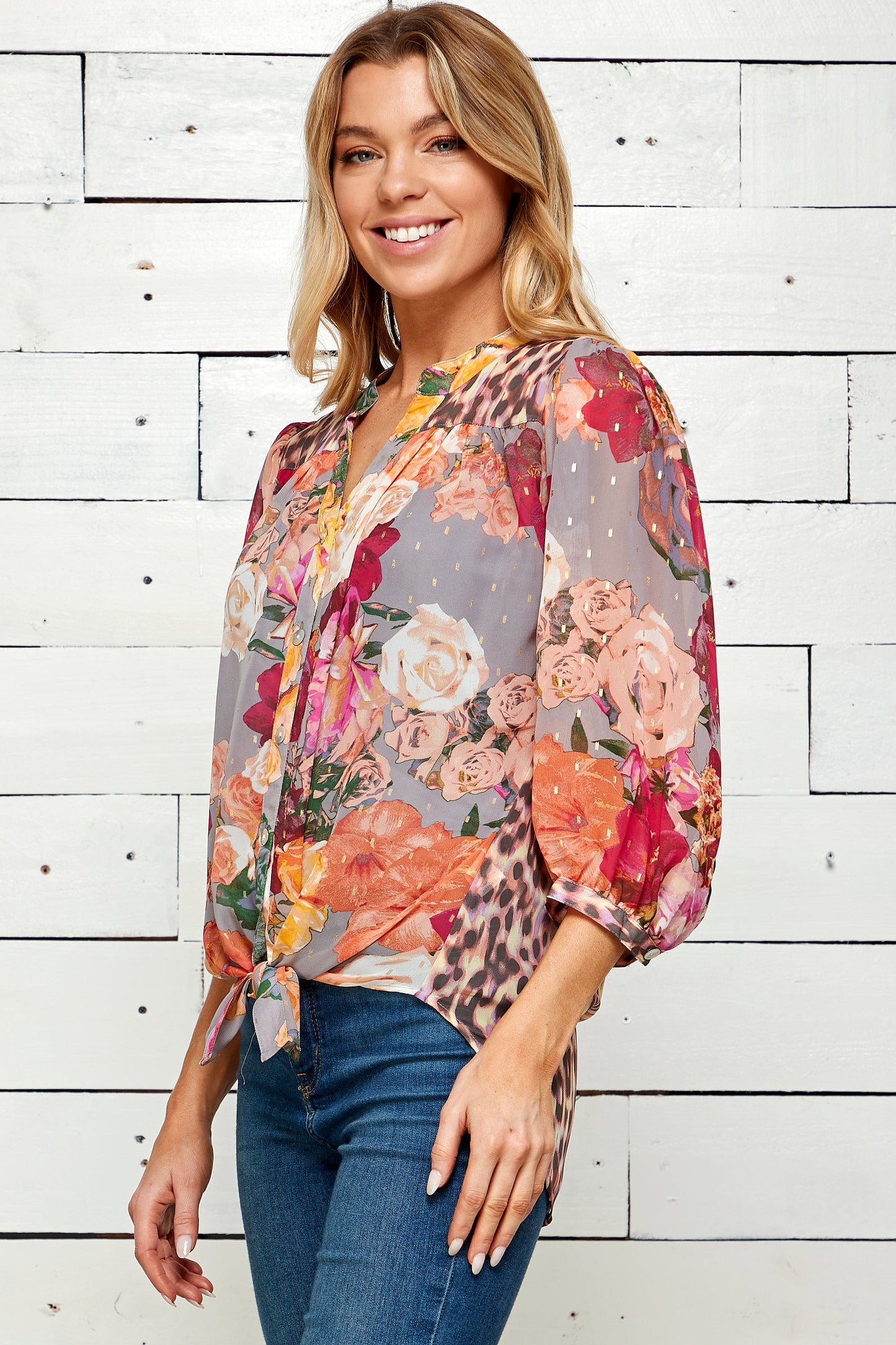 Figueroa & Flower 3/4 Mixed Print Sleeve Blouse