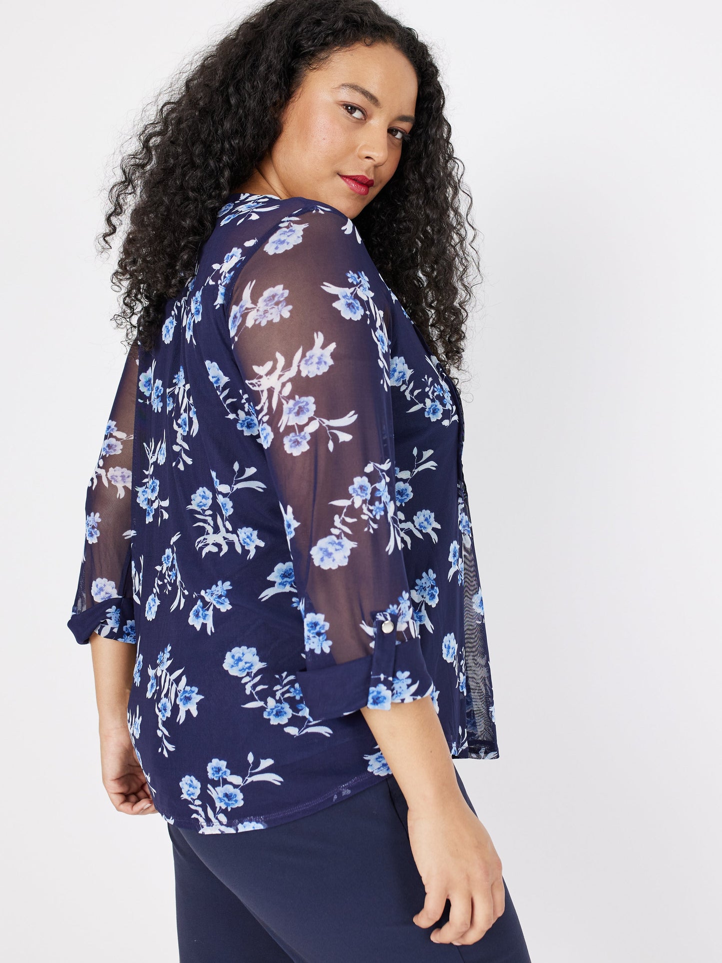 Roz & Ali Blue Mesh Floral Popover - Plus