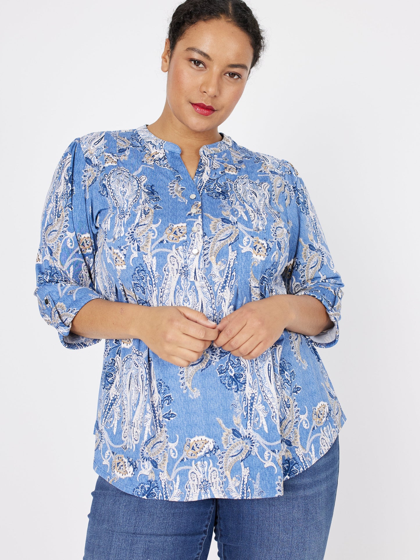 Roz & Ali Denim Paisley Pintuck Popover - Plus