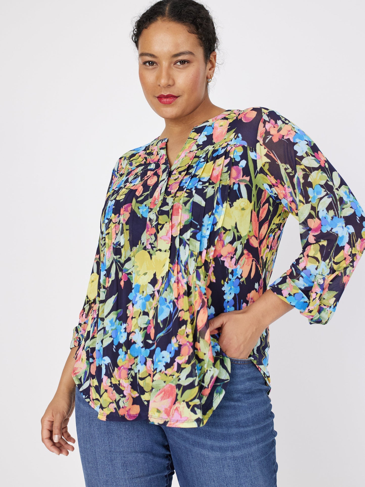 Roz & Ali Floral Mesh Pintuck Popover - Plus