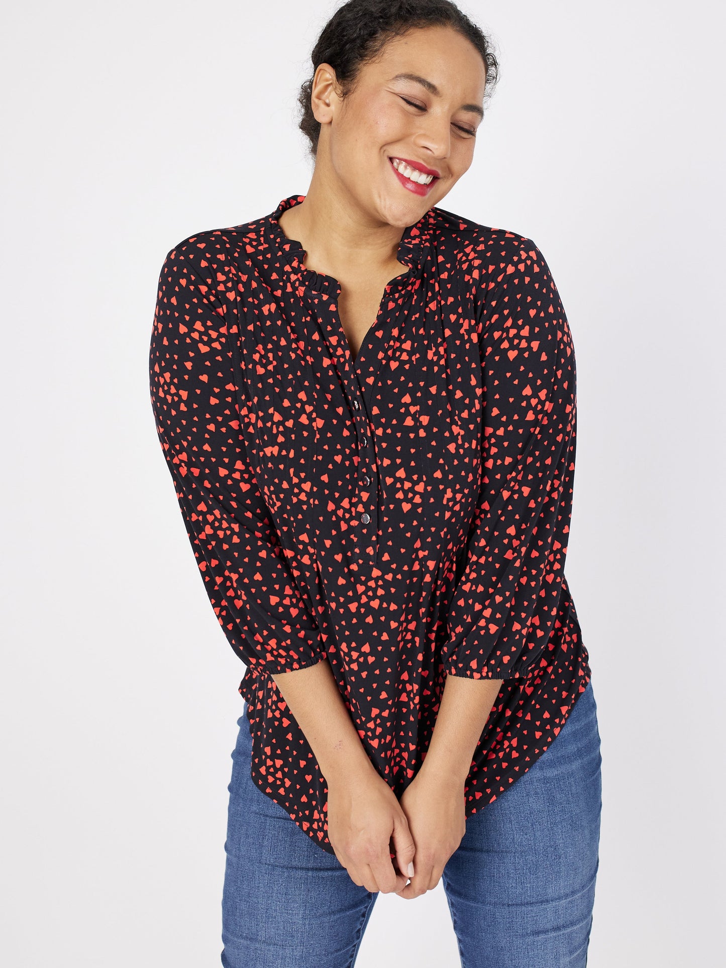 Roz & Ali Heart Print Ruffle Neck Popover - Plus