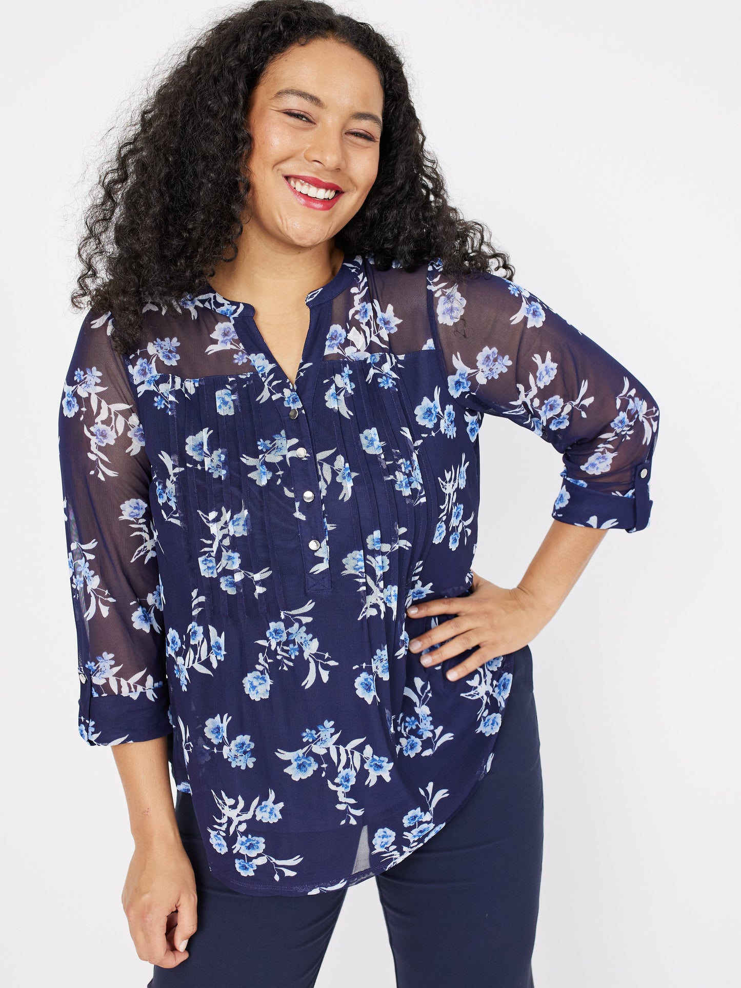 Roz & Ali Blue Mesh Floral Popover - Plus