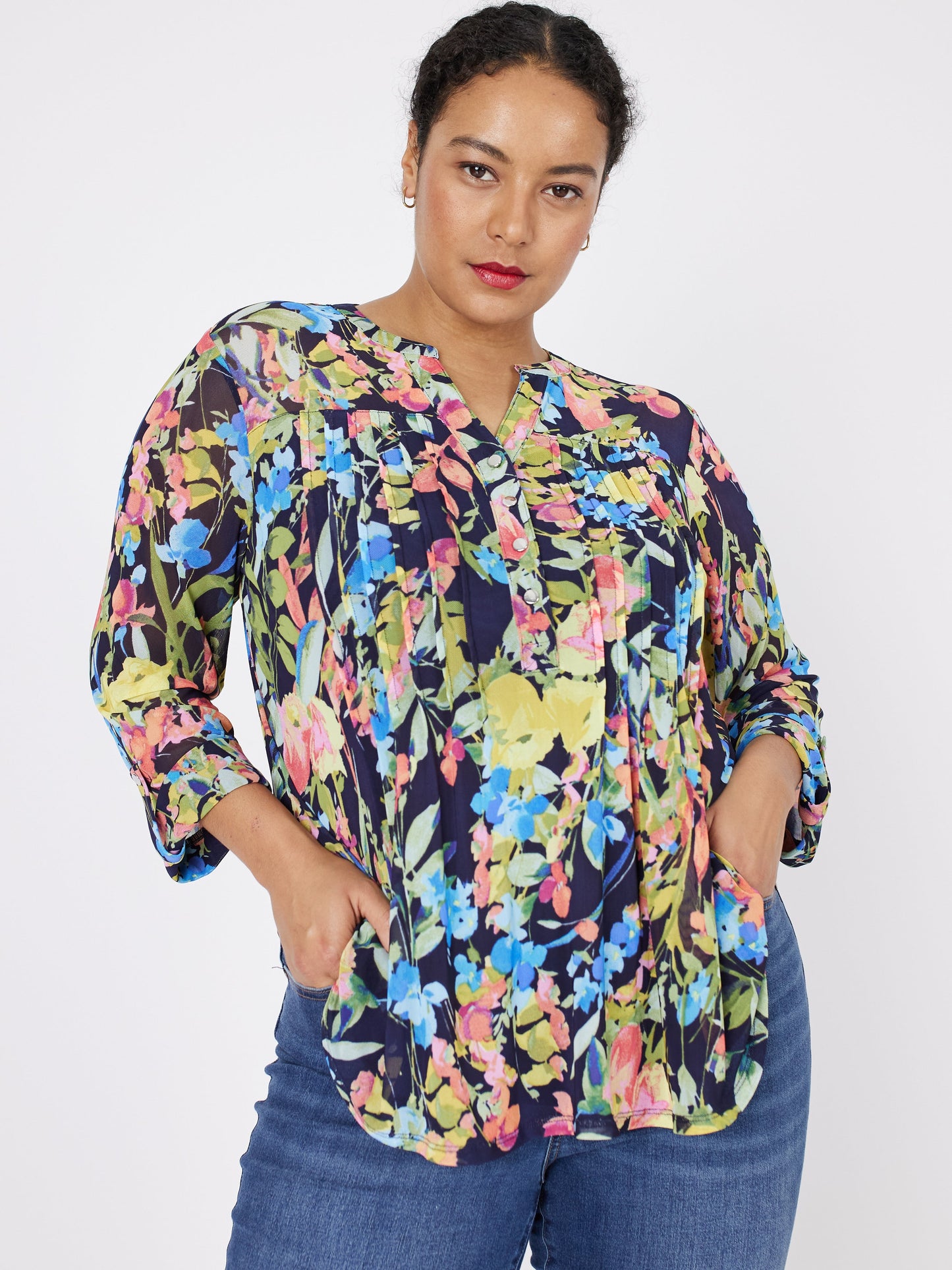 Roz & Ali Floral Mesh Pintuck Popover - Plus