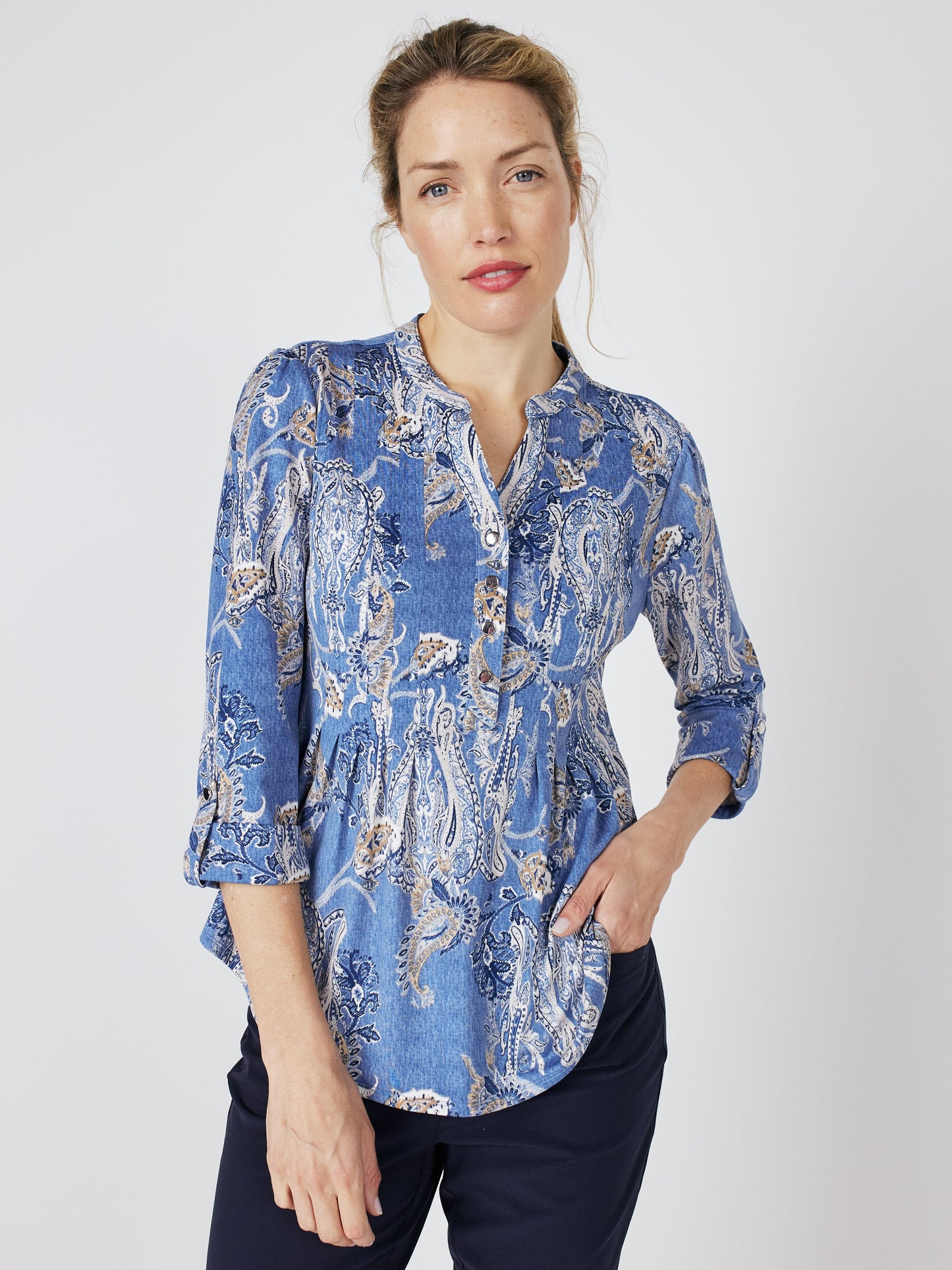 Roz & Ali Denim Paisley Pintuck Popover