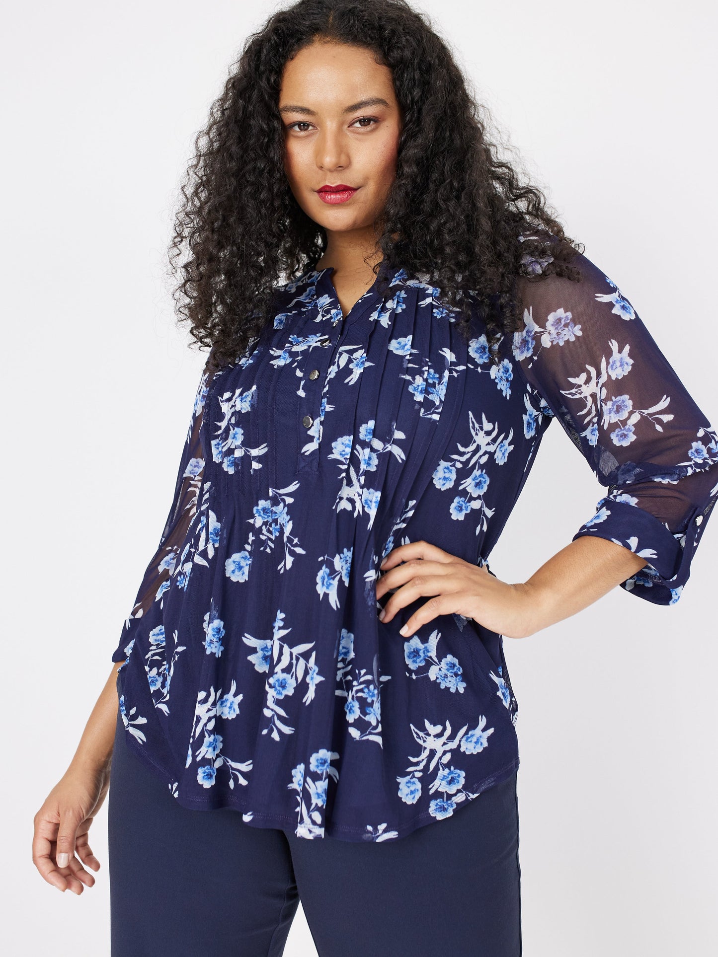 Roz & Ali Blue Mesh Floral Popover - Plus