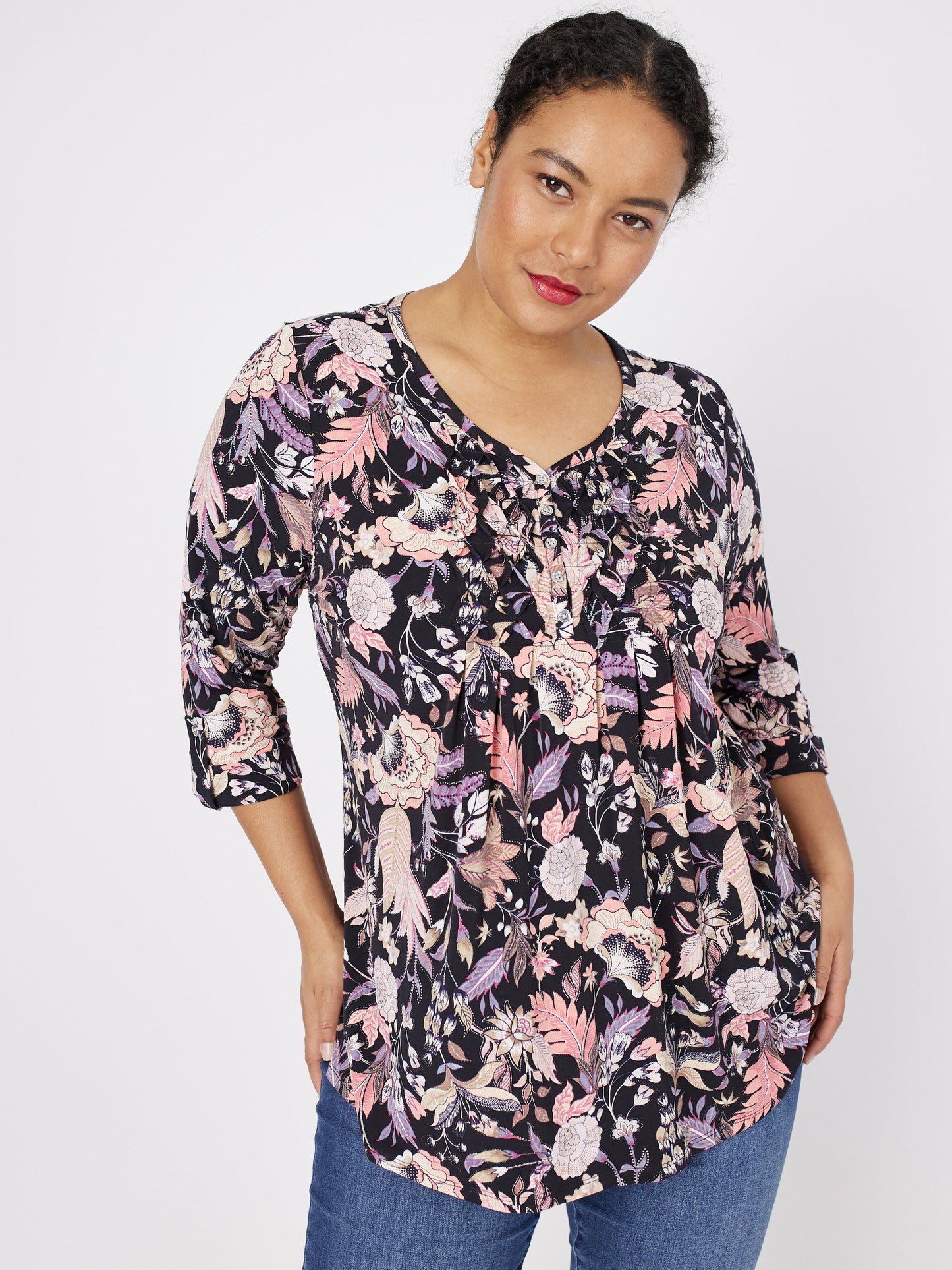 Roz & Ali Floral Diamond Stitch Pintuck Popover - Plus