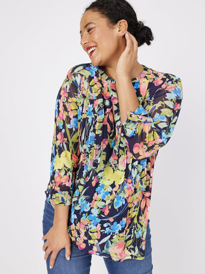 Roz & Ali Floral Mesh Pintuck Popover - Plus