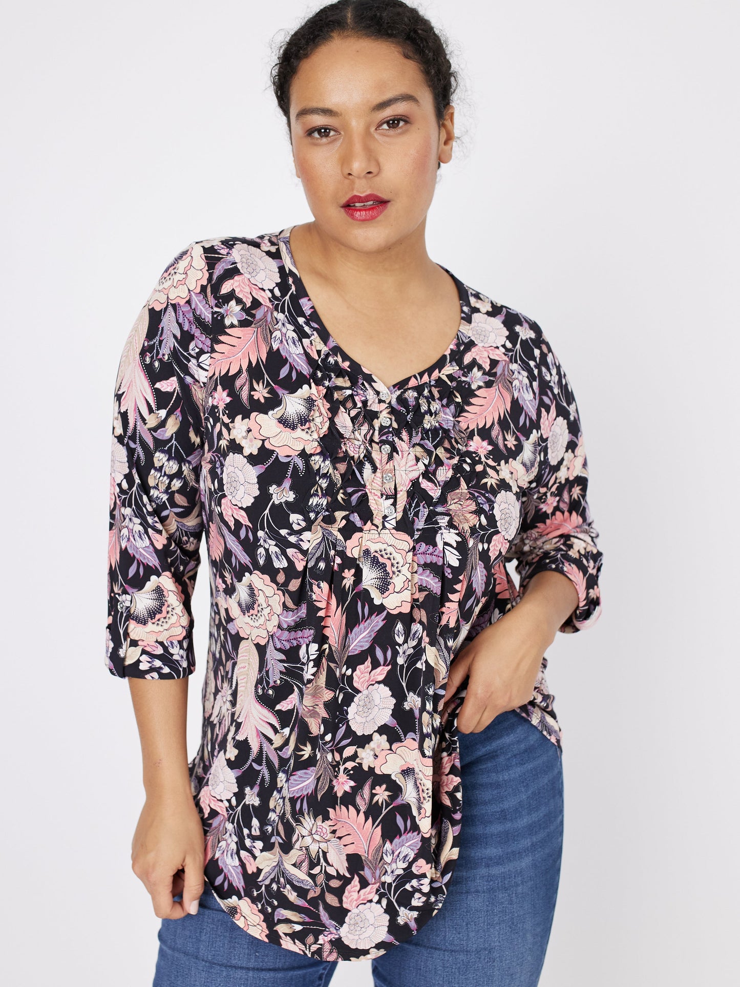 Roz & Ali Floral Diamond Stitch Pintuck Popover - Plus