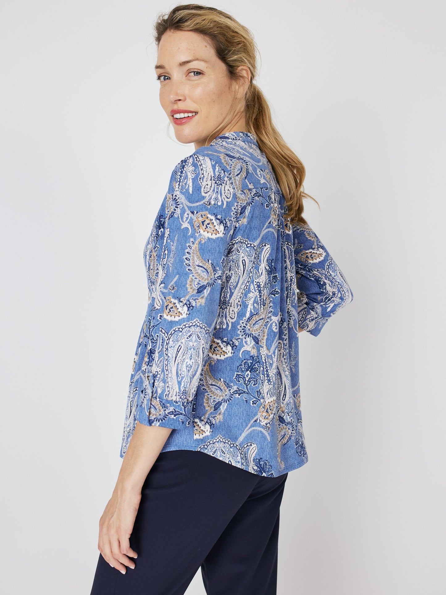 Roz & Ali Denim Paisley Pintuck Popover