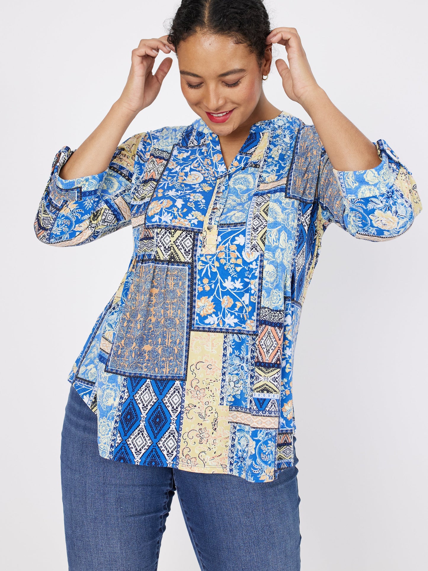 Roz & Ali Denim Friendly Patchwork Popover - Plus