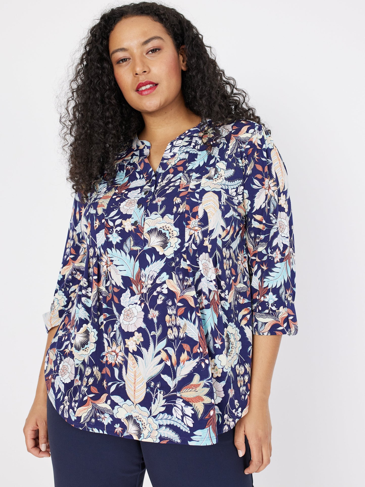 Roz & Ali Navy Jacobean Floral Popover - Plus