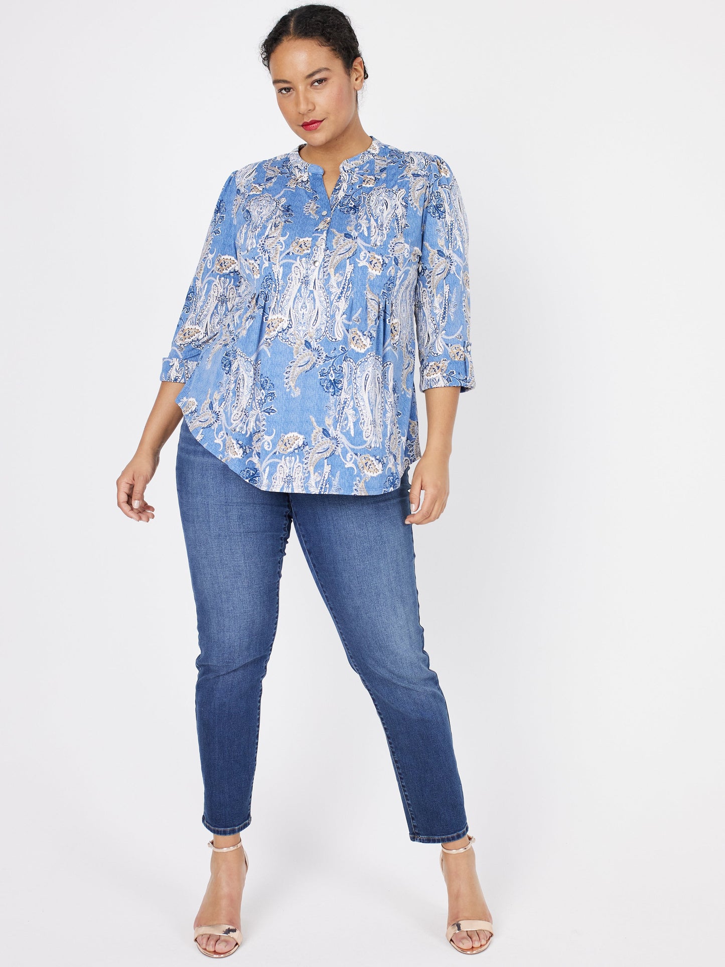 Roz & Ali Denim Paisley Pintuck Popover - Plus