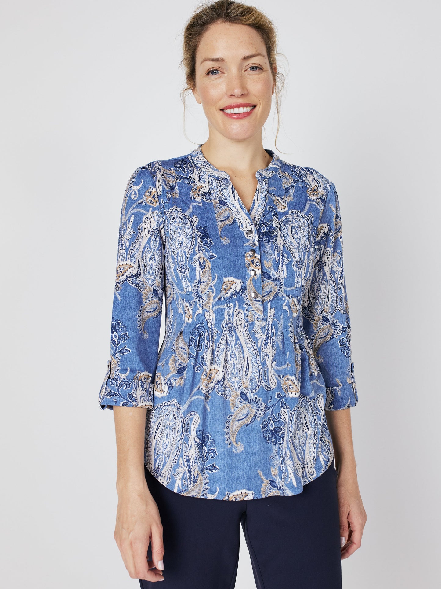 Roz & Ali Denim Paisley Pintuck Popover