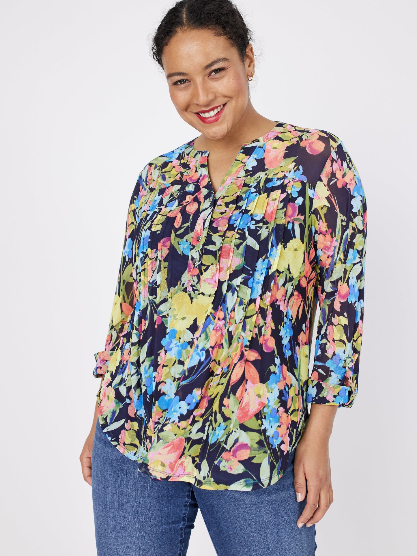 Roz & Ali Floral Mesh Pintuck Popover - Plus