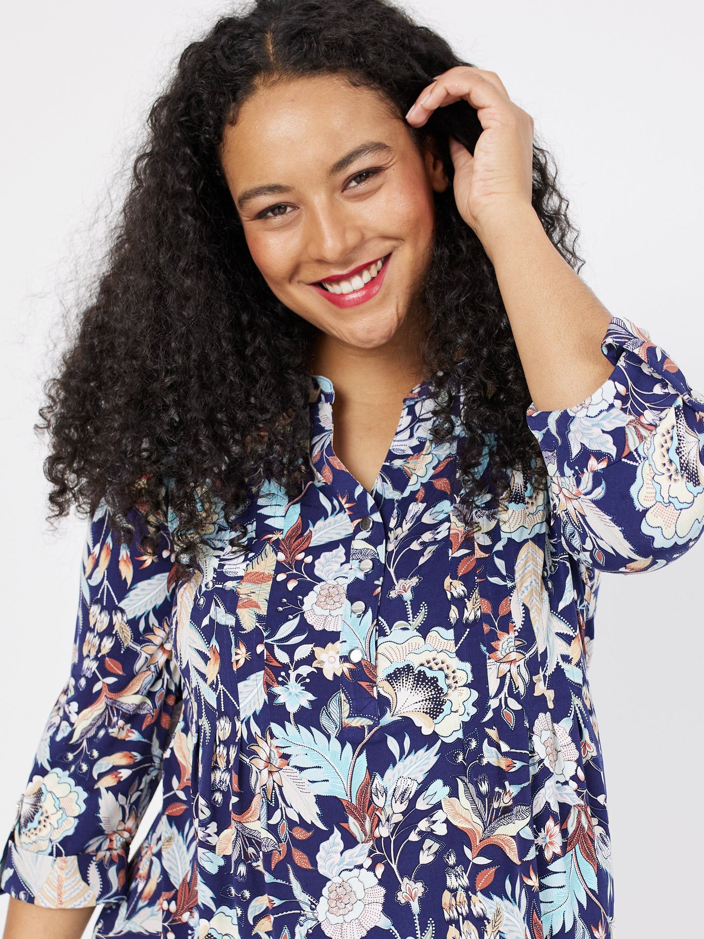 Roz & Ali Navy Jacobean Floral Popover - Plus