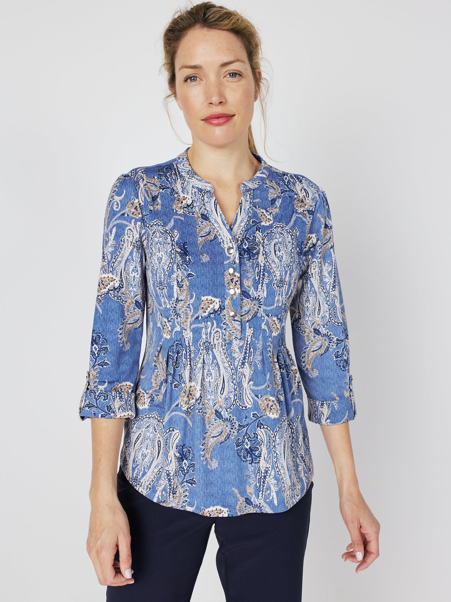 Roz & Ali Denim Paisley Pintuck Popover