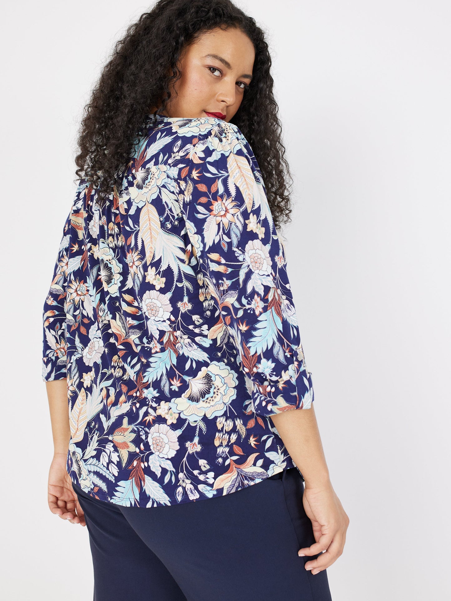 Roz & Ali Navy Jacobean Floral Popover - Plus