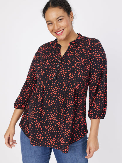 Roz & Ali Heart Print Ruffle Neck Popover - Plus