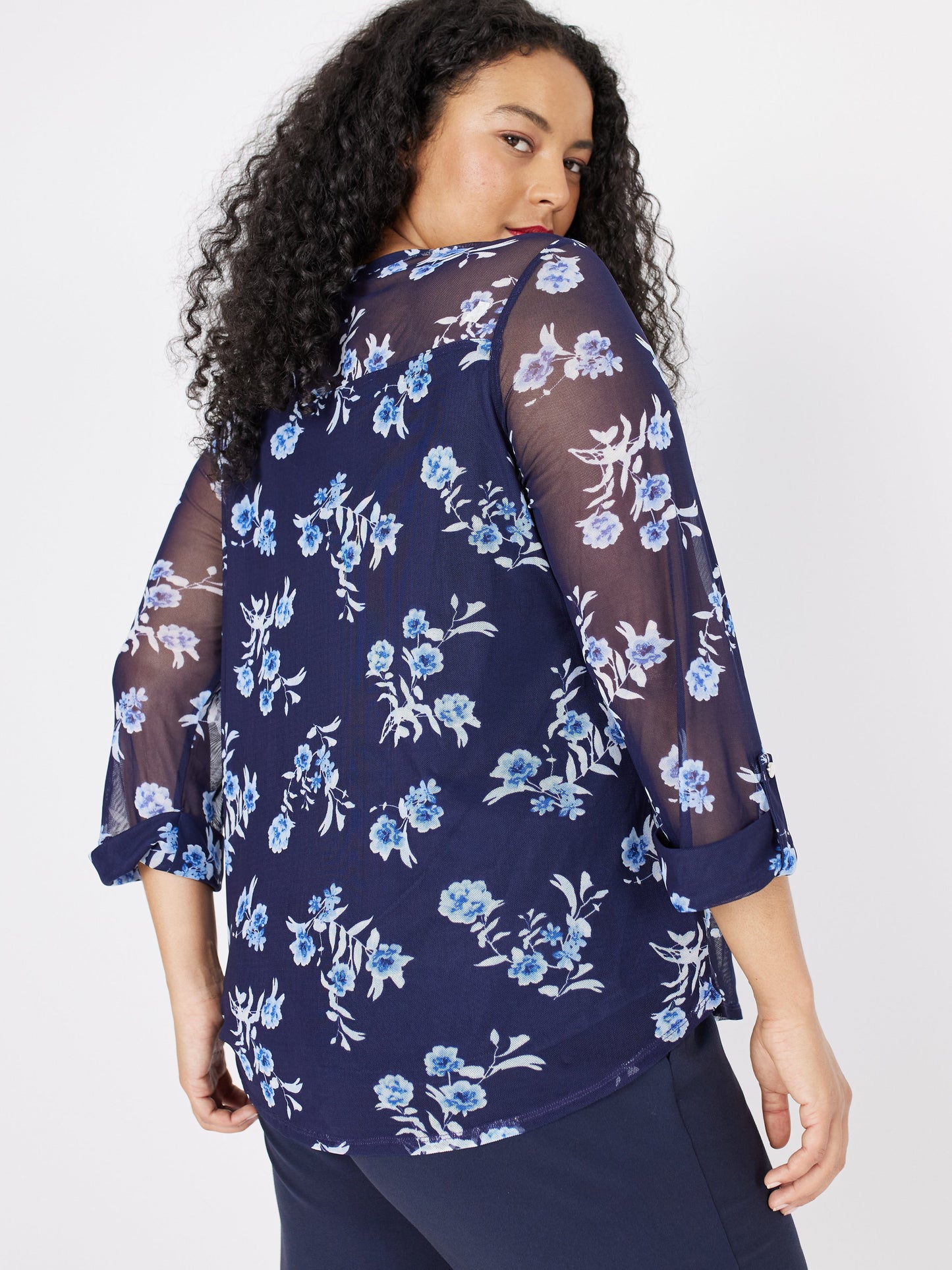 Roz & Ali Blue Mesh Floral Popover - Plus