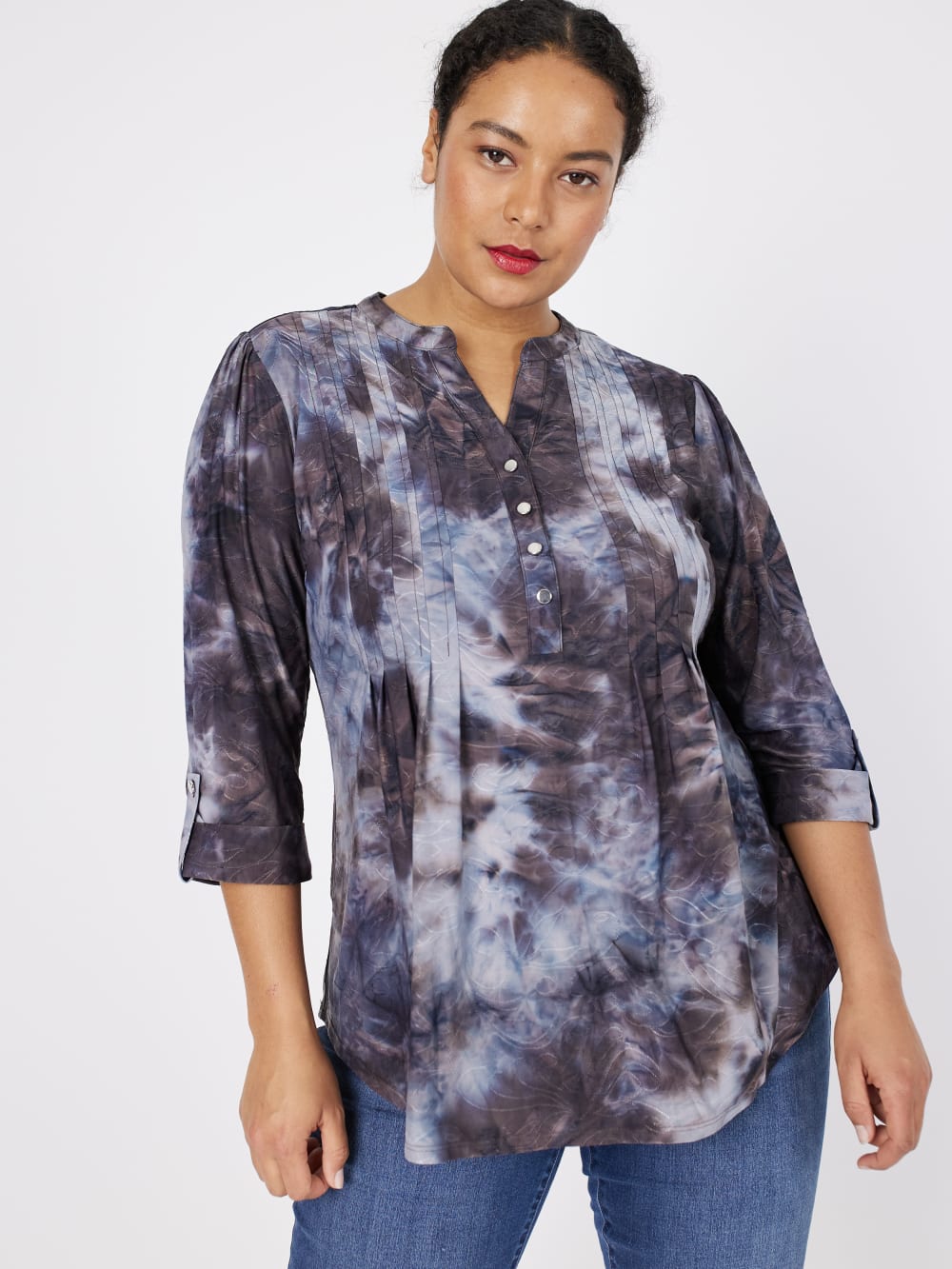 Roz & Ali Grey Jacquard Tie Dye Popover - Plus