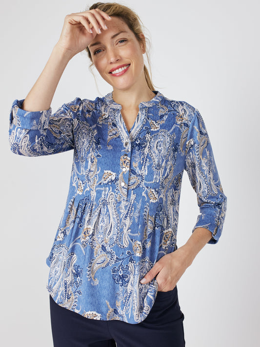 Roz & Ali Denim Paisley Pintuck Popover