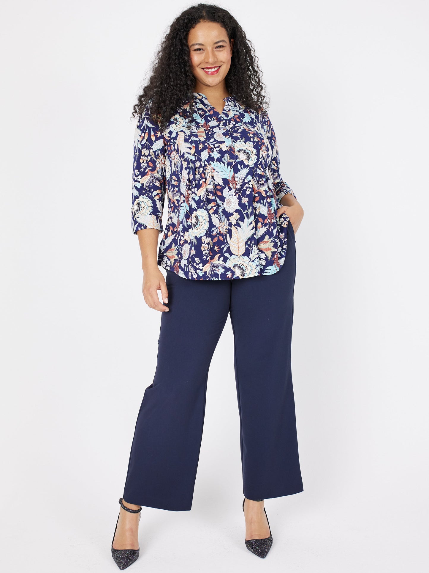 Roz & Ali Navy Jacobean Floral Popover - Plus